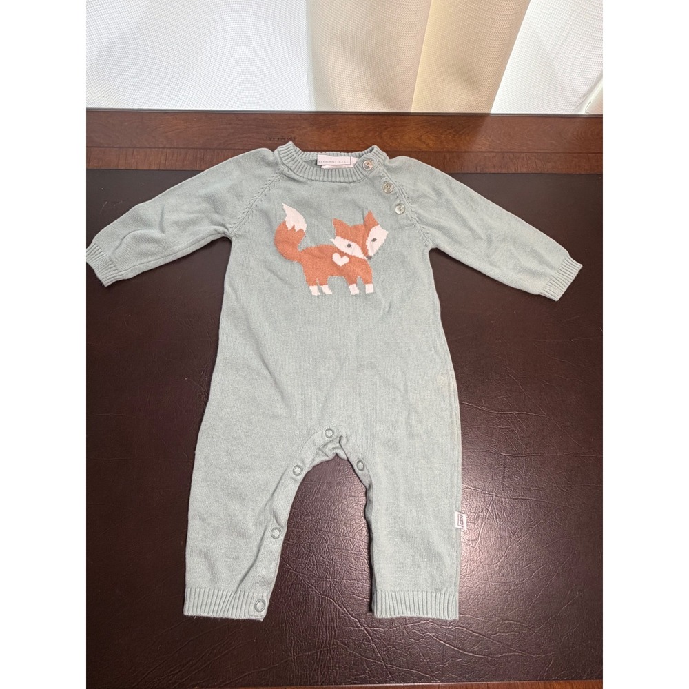 Elegant Baby Sage Green Cotton Knit Fox Romper 6M Long Sleeve One Piece 90951